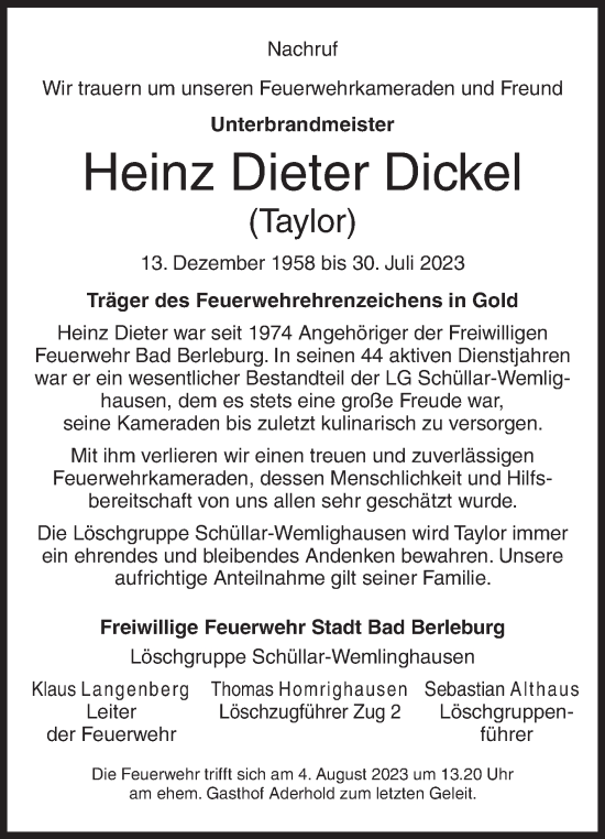 Traueranzeige von Heinz Dieter Dickel von Siegener Zeitung