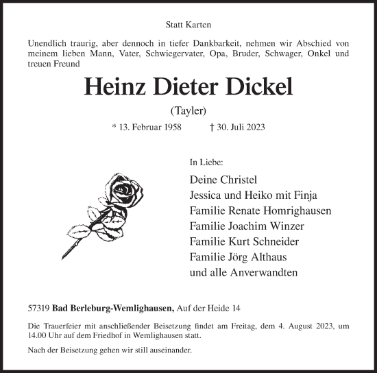 Traueranzeige von Heinz Dieter Dickel von Siegener Zeitung