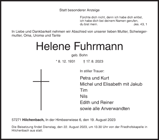 Traueranzeige von Helene Fuhrmann von Siegener Zeitung