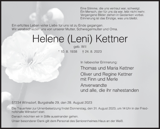 Traueranzeige von Helene Kettner von Siegener Zeitung