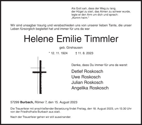 Traueranzeige von Helene Emilie Timmler von Siegener Zeitung
