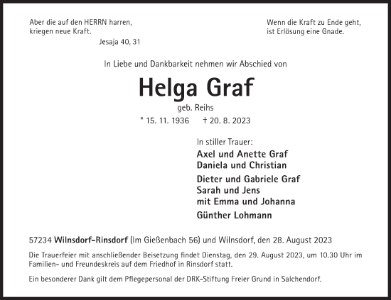 Traueranzeige von Helga Graf von Siegener Zeitung