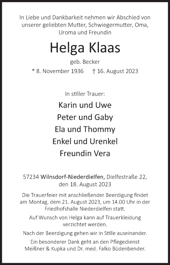 Traueranzeige von Helga Klaas von Siegener Zeitung