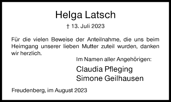 Traueranzeige von Helga Latsch von Siegener Zeitung