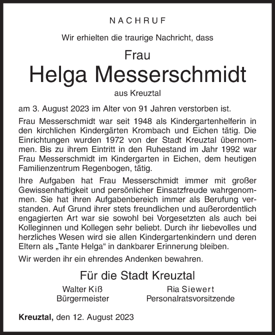 Traueranzeige von Helga Messerschmidt von Siegener Zeitung