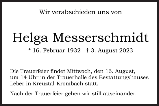 Traueranzeige von Helga Messerschmidt von Siegener Zeitung