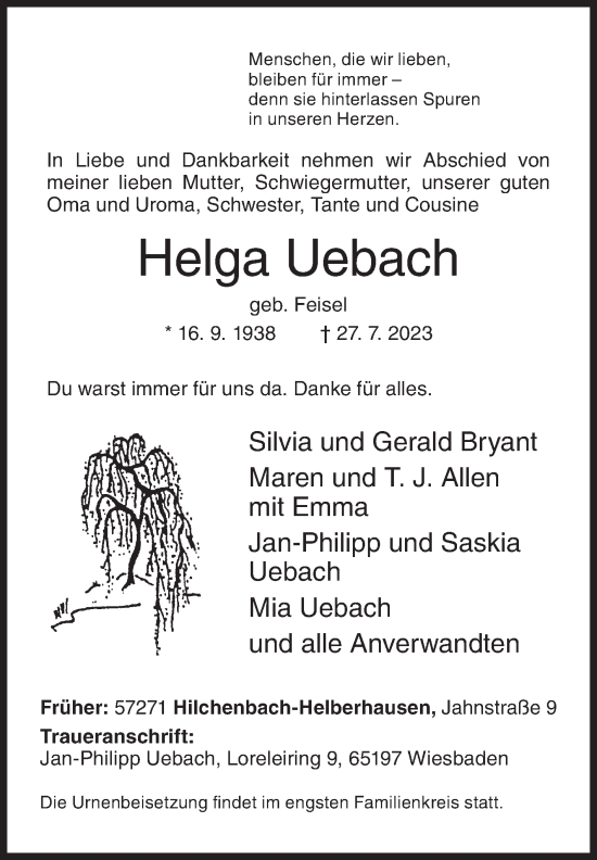 Traueranzeige von Helga Uebach von Siegener Zeitung