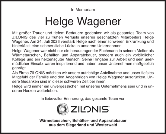 Traueranzeige von Helge Wagener von Siegener Zeitung