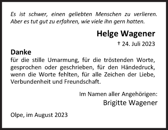 Traueranzeige von Helge Wagener von Siegener Zeitung