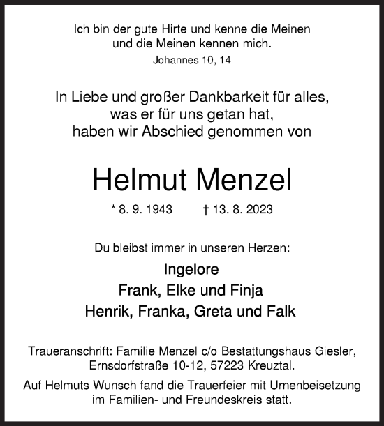 Traueranzeige von Helmut Menzel von Siegener Zeitung