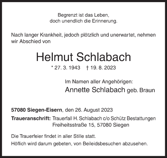 Traueranzeige von Helmut Schlabach von Siegener Zeitung