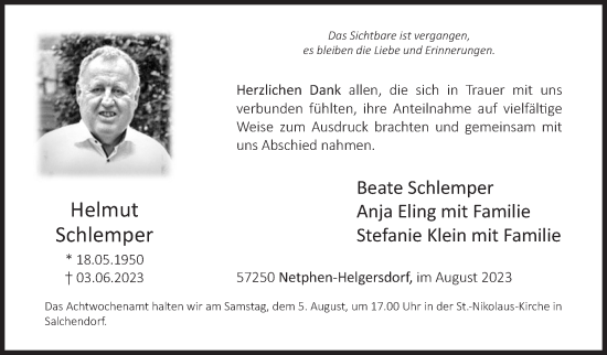 Traueranzeige von Helmut Schlemper von Siegener Zeitung