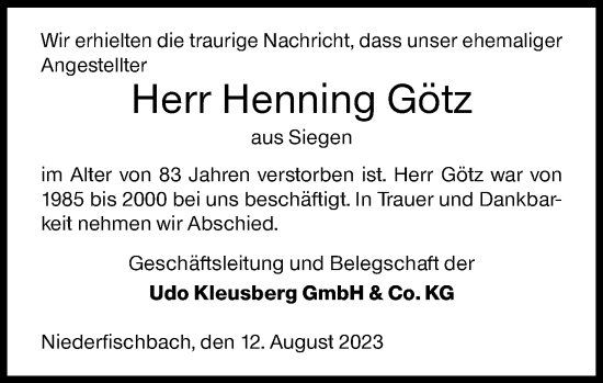 Traueranzeige von Henning Götz von Siegener Zeitung