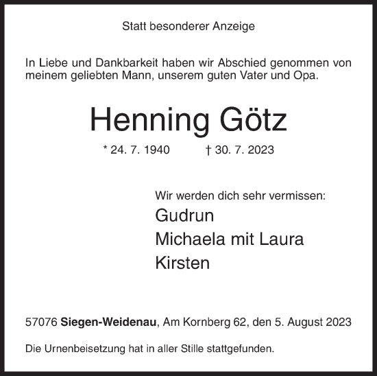 Traueranzeige von Henning Götz von Siegener Zeitung