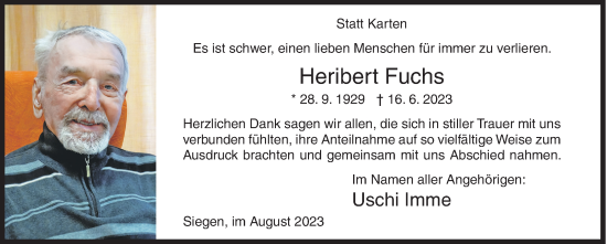 Traueranzeige von Heribert Fuchs von Siegener Zeitung