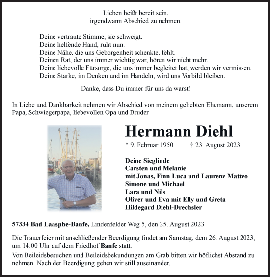 Traueranzeige von Hermann Diehl von Siegener Zeitung