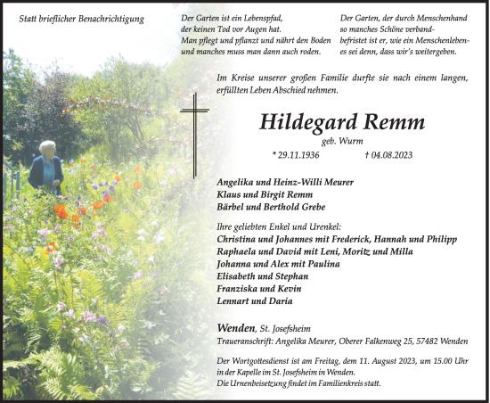 Traueranzeige von Hildegard Remm von Siegener Zeitung
