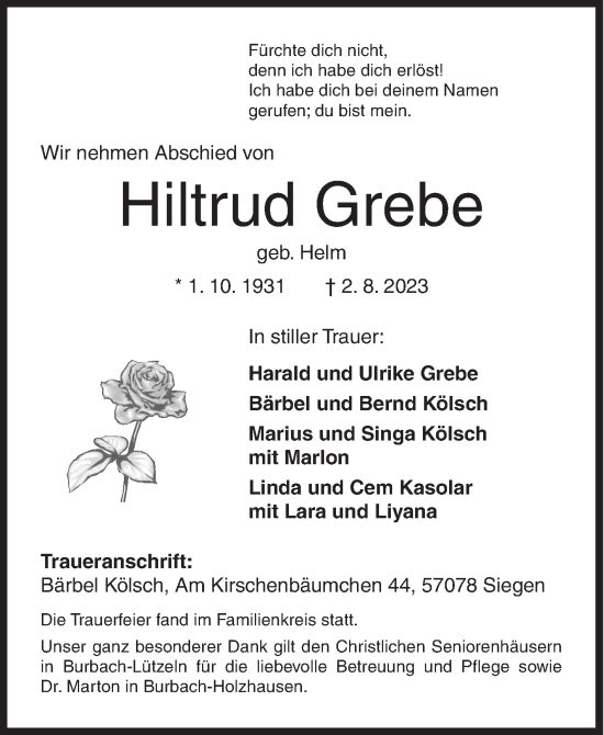 Traueranzeige von Hiltrud Grebe von Siegener Zeitung