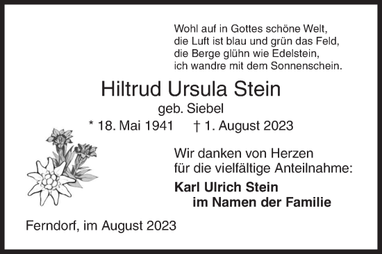Traueranzeige von Hiltrud Ursula Stein von Siegener Zeitung