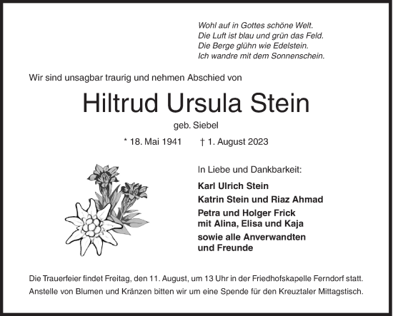 Traueranzeige von Hiltrud Ursula Stein von Siegener Zeitung