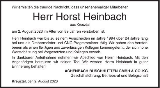 Traueranzeige von Horst Heinbach von Siegener Zeitung