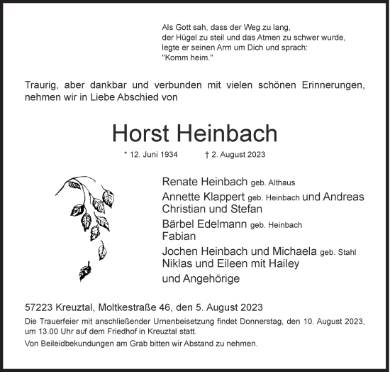 Traueranzeige von Horst Heinbach von Siegener Zeitung