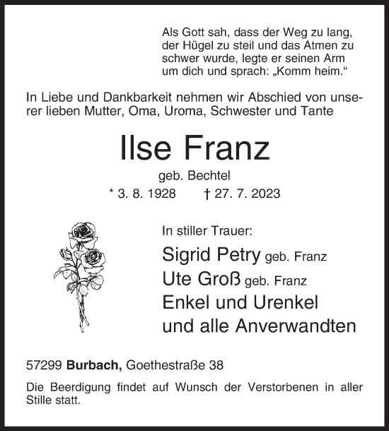 Traueranzeige von Ilse Franz von Siegener Zeitung