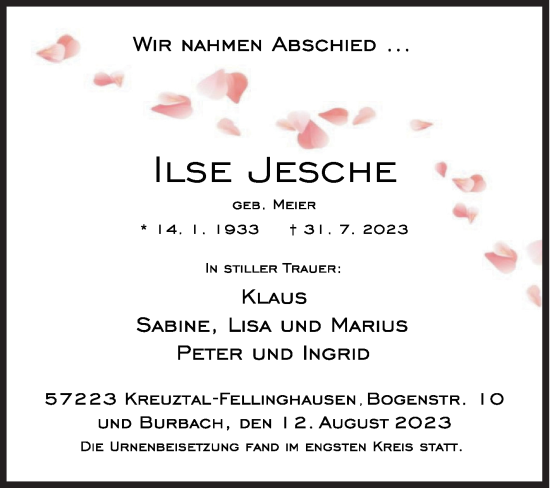 Traueranzeige von Ilse Jesche von Siegener Zeitung
