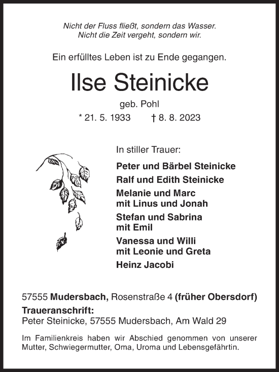 Traueranzeige von Ilse Steinicke von Siegener Zeitung