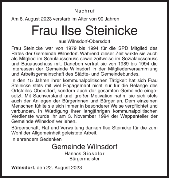Traueranzeige von Ilse Steinicke von Siegener Zeitung