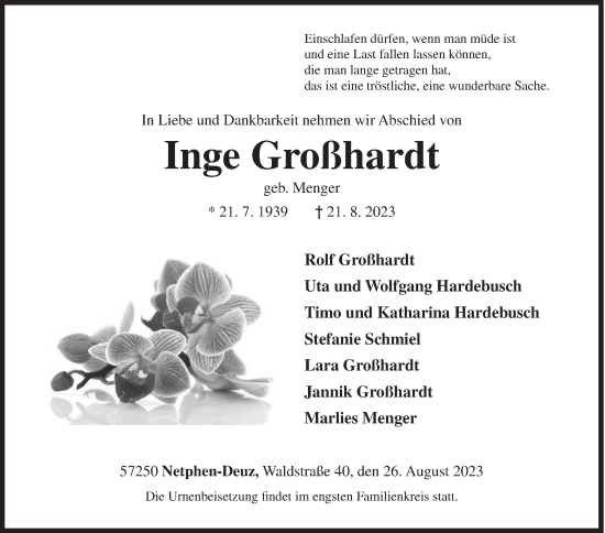 Traueranzeige von Inge Großhardt von Siegener Zeitung