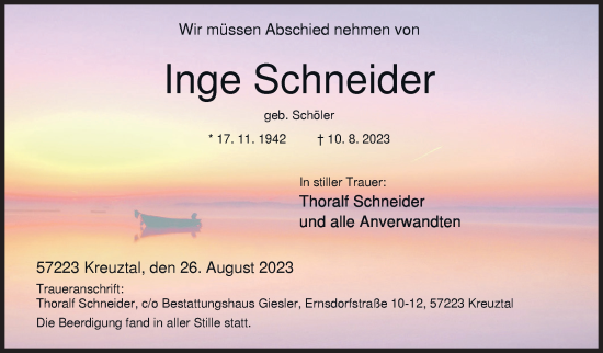 Traueranzeige von Inge Schneider von Siegener Zeitung