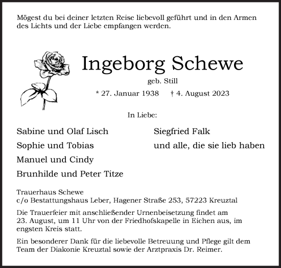 Traueranzeige von Ingeborg Schewe von Siegener Zeitung