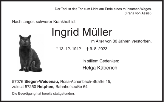 Traueranzeige von Ingrid Müller von Siegener Zeitung