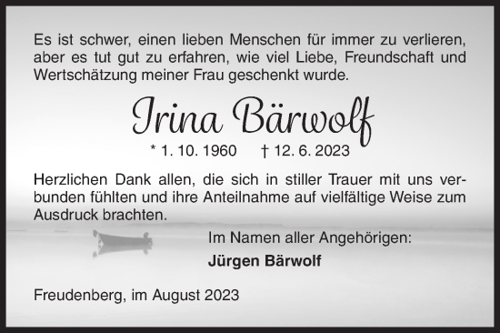 Traueranzeige von Irina Bärwolf von Siegener Zeitung
