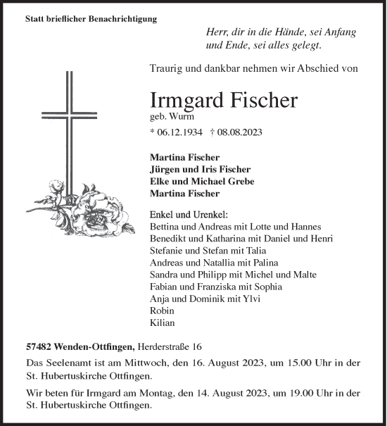 Traueranzeige von Irmgard Fischer von Siegener Zeitung