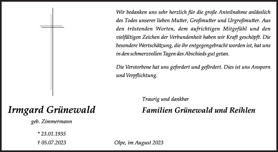 Traueranzeige von Irmgard Grünewald von Siegener Zeitung