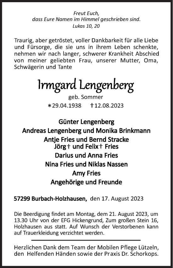 Traueranzeige von Irmgard Lengenberg von Siegener Zeitung