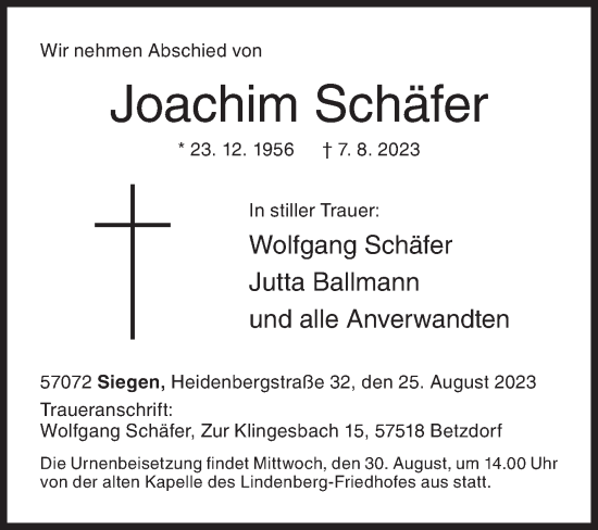 Traueranzeige von Joachim Schäfer von Siegener Zeitung