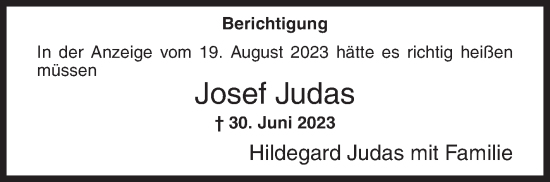 Traueranzeige von Josef Judas von Siegener Zeitung