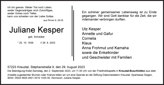Traueranzeige von Juliane Kesper von Siegener Zeitung