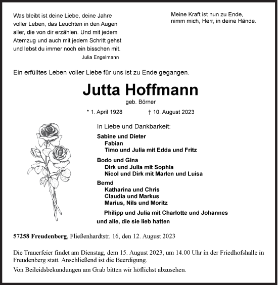 Traueranzeige von Jutta Hoffmann von Siegener Zeitung