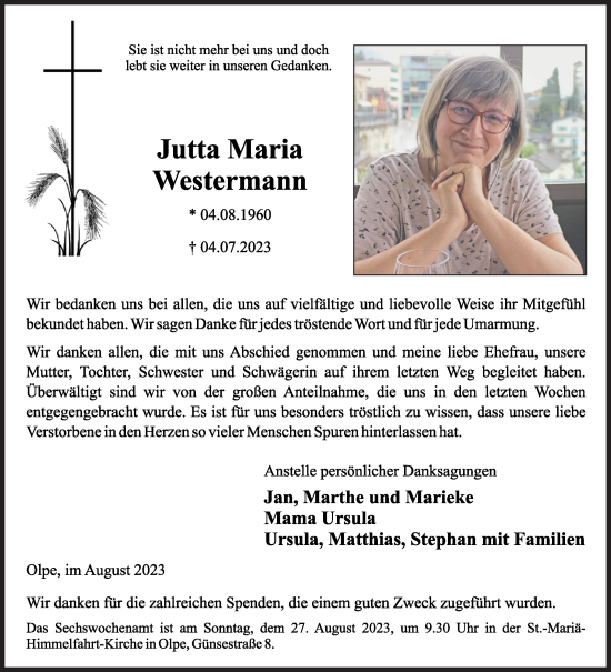Traueranzeige von Jutta Maria Westermann von Siegener Zeitung