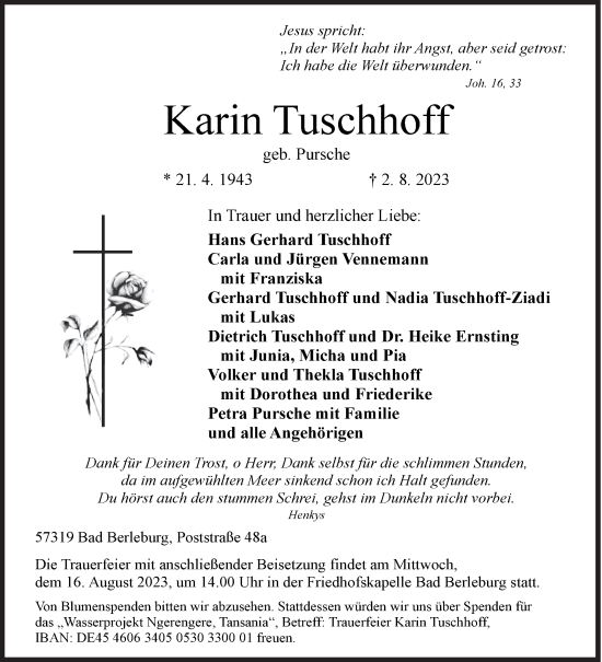 Traueranzeige von Karin Tuschhoff von Siegener Zeitung