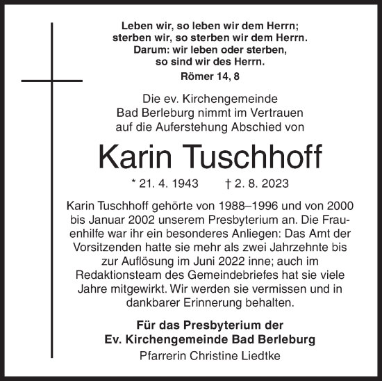 Traueranzeige von Karin Tuschhoff von Siegener Zeitung