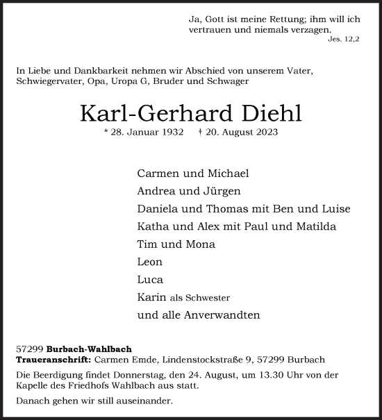 Traueranzeige von Karl-Gerhard Diehl von Siegener Zeitung