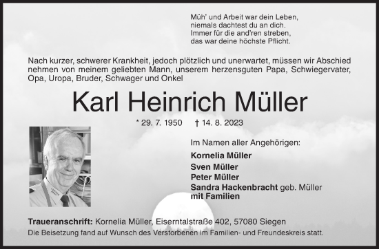 Traueranzeige von Karl Heinrich Müller von Siegener Zeitung