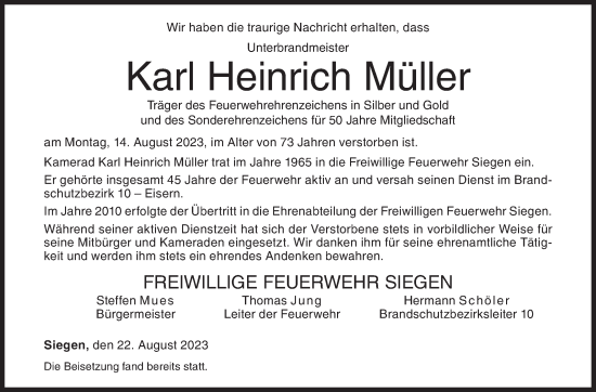 Traueranzeige von Karl Heinrich Müller von Siegener Zeitung