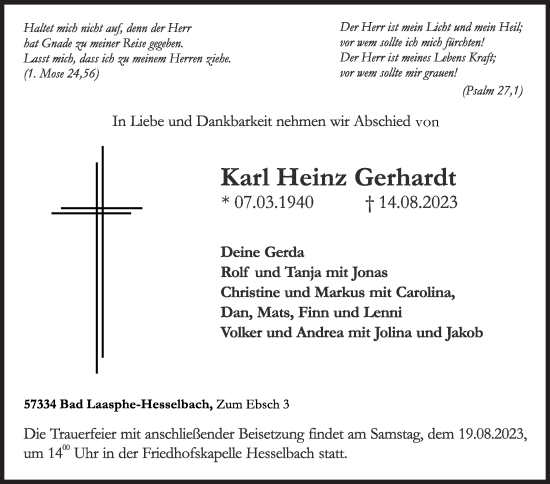 Traueranzeige von Karl Heinz Gerhardt von Siegener Zeitung