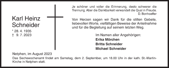 Traueranzeige von Karl Heinz Schneider von Siegener Zeitung